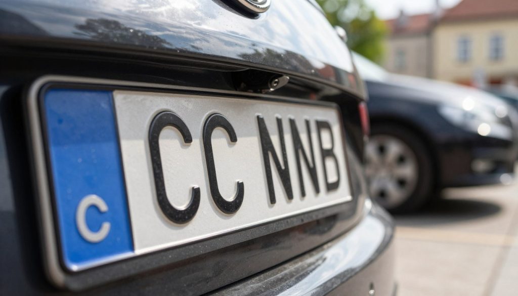 A close-up view of a Polish car license plate, showcasing the distinctive "SC" registration. The foreground features the license plate prominently displayed, with a shiny finish and clear, bold lettering. In the middle, a blurred image of a stylish car is parked, hinting at its brand and model, suggesting it has a mysterious or interesting background. The background includes a soft-focus view of a bustling city street in Poland, with identifiable architecture and greenery to add context. Natural sunlight illuminates the scene, creating a warm and inviting atmosphere. The overall mood is inquisitive and informative, encouraging viewers to learn more about the origin of the vehicle. The composition focuses on clarity and detail, ensuring a professional and engaging representation.
