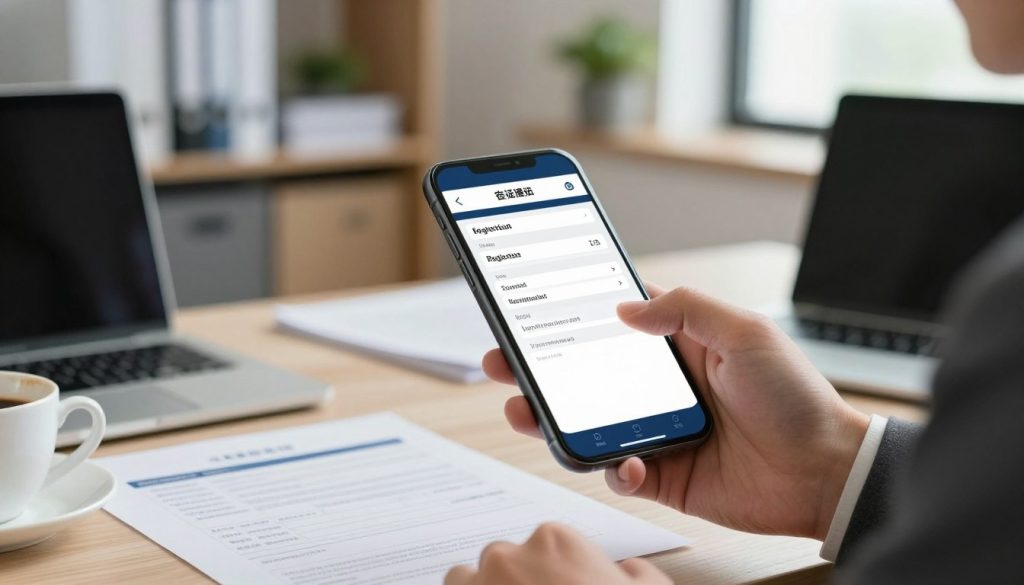 A close-up view of a smartphone displaying a digital registration verification form for a vehicle, highlighting fields such as license plate number and region of origin. In the foreground, a person's hand in professional business attire is holding the phone, tapping on the screen. The middle ground features a blurred desk with documents related to vehicle registration, alongside a modern laptop and a cup of coffee, suggesting a business environment. The background includes a softly lit office space with shelves of paperwork, plants, and a window letting in natural light, creating a warm and professional atmosphere. The overall mood is focused and informative, capturing the essence of vehicle registration verification.