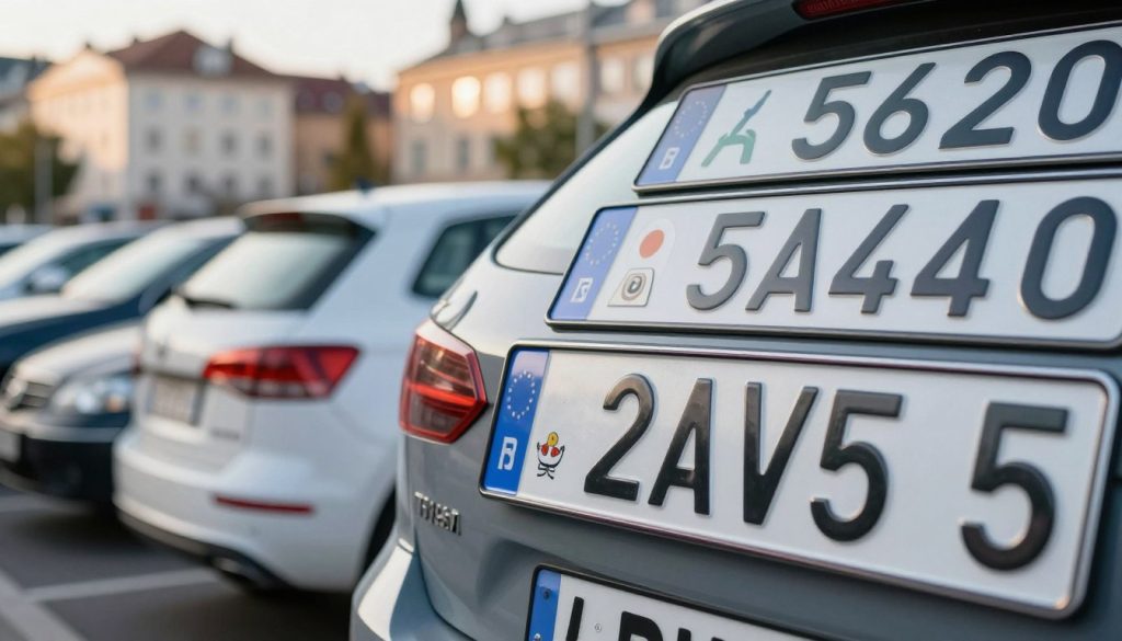 A close-up view of various European vehicle registration plates, showcasing distinctive regional codes and designs. In the foreground, highlight an array of plates from different countries, emphasizing details like colors, fonts, and symbols. In the middle ground, include a blurred cityscape representing a typical European urban environment, suggesting a connection to the vehicles. The background should feature softly lit buildings, creating a peaceful atmosphere. Use natural daylight to illuminate the scene, emphasizing the clarity and textures of the registration plates. The angle should be slightly tilted, providing a dynamic perspective. Aim for a professional and informative mood that invites curiosity about vehicle origins. A close-up view of various European vehicle registration plates, showcasing distinctive regional codes and designs. In the foreground, highlight an array of plates from different countries, emphasizing details like colors, fonts, and symbols. In the middle ground, include a blurred cityscape representing a typical European urban environment, suggesting a connection to the vehicles. The background should feature softly lit buildings, creating a peaceful atmosphere. Use natural daylight to illuminate the scene, emphasizing the clarity and textures of the registration plates. The angle should be slightly tilted, providing a dynamic perspective. Aim for a professional and informative mood that invites curiosity about vehicle origins.