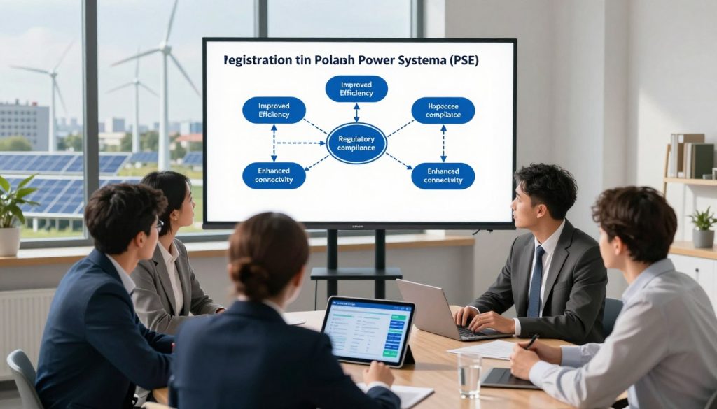 A detailed and informative illustration representing the benefits of registration in the Polish power system (PSE). In the foreground, depict a professional meeting room where diverse business people, dressed in professional attire, are engaged in discussion over a digital tablet displaying energy data. In the middle ground, incorporate a large screen showcasing a flowchart of benefits such as improved efficiency, regulatory compliance, and enhanced connectivity. The background should feature a window view of urban energy infrastructure, with wind turbines and solar panels visible outside. Use bright, natural lighting to create an optimistic and forward-thinking atmosphere, with a focus on collaboration and technological advancement. Capture the scene from a slightly elevated angle to highlight the interaction among participants and the dynamic environment. A detailed and informative illustration representing the benefits of registration in the Polish power system (PSE). In the foreground, depict a professional meeting room where diverse business people, dressed in professional attire, are engaged in discussion over a digital tablet displaying energy data. In the middle ground, incorporate a large screen showcasing a flowchart of benefits such as improved efficiency, regulatory compliance, and enhanced connectivity. The background should feature a window view of urban energy infrastructure, with wind turbines and solar panels visible outside. Use bright, natural lighting to create an optimistic and forward-thinking atmosphere, with a focus on collaboration and technological advancement. Capture the scene from a slightly elevated angle to highlight the interaction among participants and the dynamic environment.