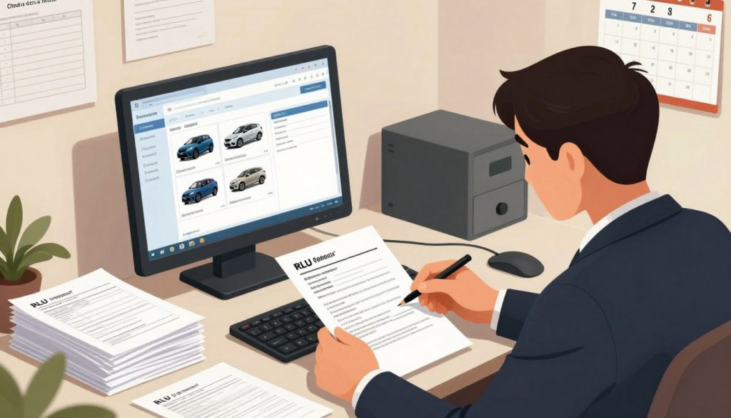 A detailed illustration of the vehicle registration procedure for RLU, showcasing a professional office environment. In the foreground, a focused bureaucrat in business attire is seated at a desk, reviewing vehicle registration documents and forms, surrounded by organized stacks of paper. In the middle ground, a modern computer displays a digital registration interface, with various vehicle images on the screen. The background features a wall with official documentation and a calendar marked with important deadlines. Ambient lighting casts a warm glow, creating a productive atmosphere. The perspective is slightly angled from above, emphasizing the workspace and the sense of order and professionalism in the vehicle registration process.