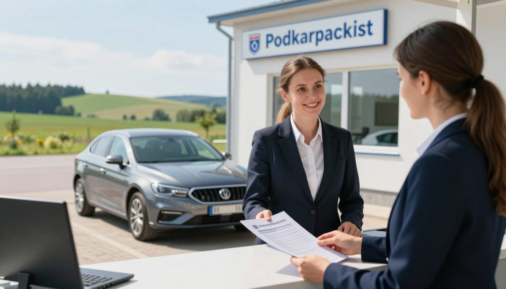 A detailed scene depicting a vehicle registration office in the Podkarpackie region of Poland. In the foreground, a professional-looking woman in business attire is interacting with a friendly clerk at the reception desk, while holding vehicle documents. The middle layer shows a sleek, modern car parked outside the office, with Polish license plates. The background features a clear sky and green hills typical of the Podkarpackie landscape, along with an official government sign indicating the registration office. The lighting is bright and welcoming, suggesting a sunny day, with soft shadows enhancing the depth of the scene. Aim for a professional, informative atmosphere that invites viewers to learn more about vehicle registration. A detailed scene depicting a vehicle registration office in the Podkarpackie region of Poland. In the foreground, a professional-looking woman in business attire is interacting with a friendly clerk at the reception desk, while holding vehicle documents. The middle layer shows a sleek, modern car parked outside the office, with Polish license plates. The background features a clear sky and green hills typical of the Podkarpackie landscape, along with an official government sign indicating the registration office. The lighting is bright and welcoming, suggesting a sunny day, with soft shadows enhancing the depth of the scene. Aim for a professional, informative atmosphere that invites viewers to learn more about vehicle registration.