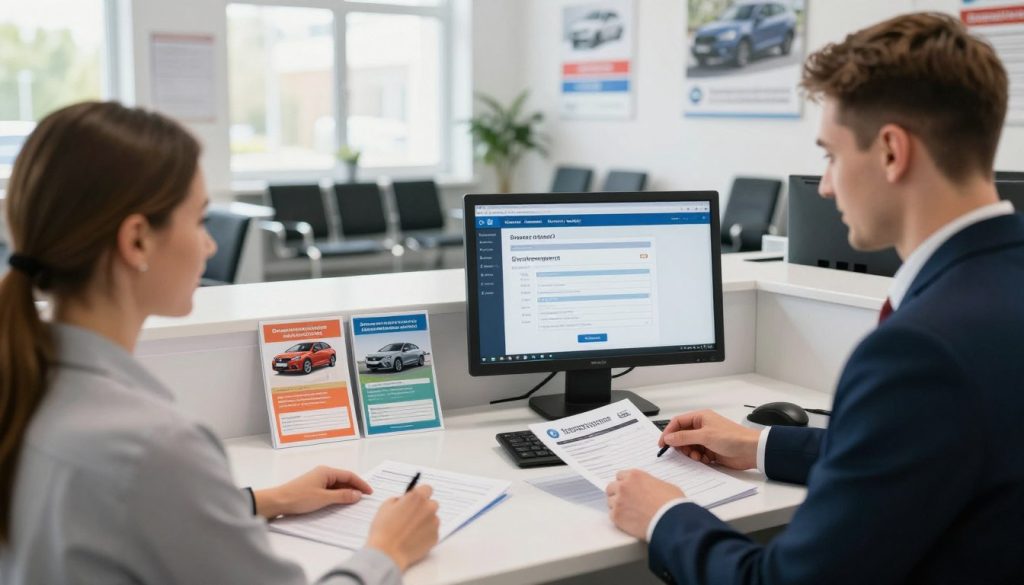 A detailed scene illustrating the car registration process in Poland, showcasing a modern, welcoming office setting. In the foreground, a friendly clerk in professional attire assists a satisfied customer at a reception desk, surrounded by official paperwork and forms. The middle ground features a computer displaying the registration system, with colorful brochures about vehicle registration on the counter. A bright, natural light filters through large windows, enhancing the warm atmosphere. In the background, there are neatly organized waiting areas with chairs and informational posters about car registration steps. The overall mood is efficient yet friendly, capturing the essence of navigating bureaucratic processes in Poland. A detailed scene illustrating the car registration process in Poland, showcasing a modern, welcoming office setting. In the foreground, a friendly clerk in professional attire assists a satisfied customer at a reception desk, surrounded by official paperwork and forms. The middle ground features a computer displaying the registration system, with colorful brochures about vehicle registration on the counter. A bright, natural light filters through large windows, enhancing the warm atmosphere. In the background, there are neatly organized waiting areas with chairs and informational posters about car registration steps. The overall mood is efficient yet friendly, capturing the essence of navigating bureaucratic processes in Poland.