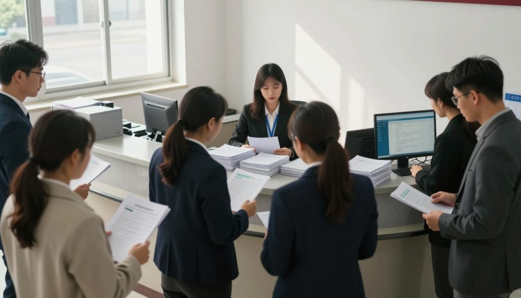 A detailed scene of the vehicle registration process at a municipal office. In the foreground, a diverse group of people—dressed in professional business attire—are standing in line, holding paperwork related to vehicle registration. The middle ground features an attentive clerk behind a reception desk, surrounded by stacks of forms and a computer monitor displaying a data entry interface. In the background, large windows allow natural light to illuminate the space, casting soft shadows on the walls. The atmosphere is one of organization and professionalism, with a calm and focused mood. The angle is slightly elevated, providing a comprehensive view of the registration process, emphasizing the importance and formality of vehicle registration. A detailed scene of the vehicle registration process at a municipal office. In the foreground, a diverse group of people—dressed in professional business attire—are standing in line, holding paperwork related to vehicle registration. The middle ground features an attentive clerk behind a reception desk, surrounded by stacks of forms and a computer monitor displaying a data entry interface. In the background, large windows allow natural light to illuminate the space, casting soft shadows on the walls. The atmosphere is one of organization and professionalism, with a calm and focused mood. The angle is slightly elevated, providing a comprehensive view of the registration process, emphasizing the importance and formality of vehicle registration.