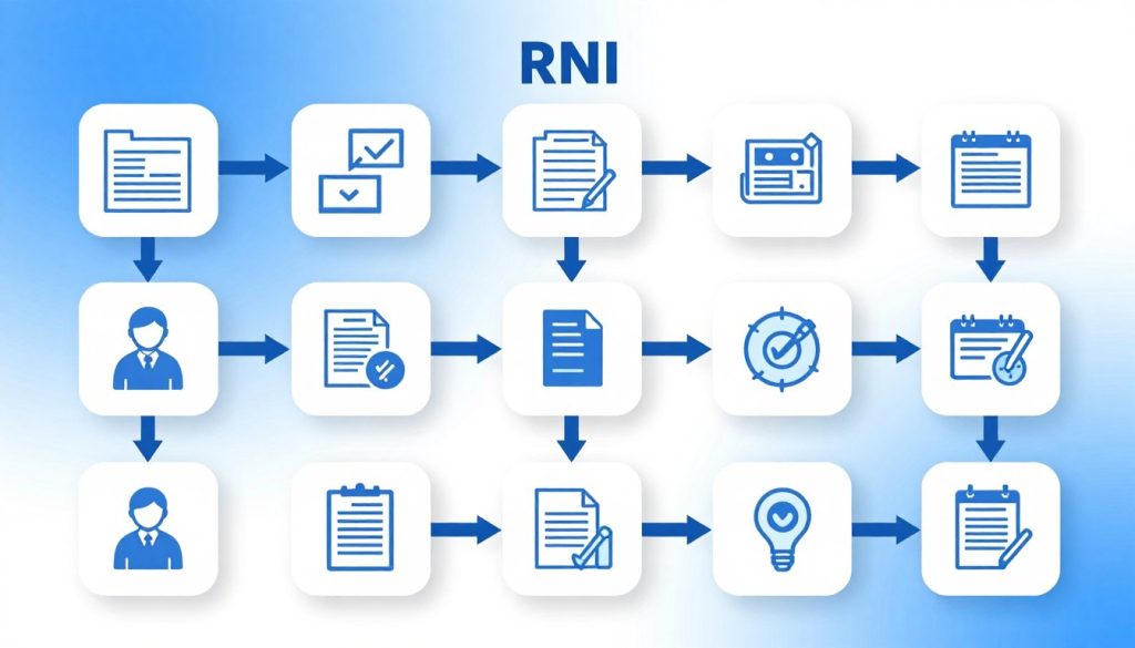A detailed step-by-step registration process for RNI, visually represented in a clear and organized infographic style. In the foreground, a series of numbered steps illustrated with icons representing each stage of the registration process, such as filling out forms, submitting documents, and receiving confirmation. In the middle, a flowchart connecting these elements, demonstrating a seamless workflow of actions. The background features a soft gradient of blue and white, conveying professionalism and clarity. The lighting is bright and even, enhancing readability. The overall mood should be informative and engaging, suitable for an audience looking to understand the process better. No people or text overlays included. A detailed step-by-step registration process for RNI, visually represented in a clear and organized infographic style. In the foreground, a series of numbered steps illustrated with icons representing each stage of the registration process, such as filling out forms, submitting documents, and receiving confirmation. In the middle, a flowchart connecting these elements, demonstrating a seamless workflow of actions. The background features a soft gradient of blue and white, conveying professionalism and clarity. The lighting is bright and even, enhancing readability. The overall mood should be informative and engaging, suitable for an audience looking to understand the process better. No people or text overlays included.