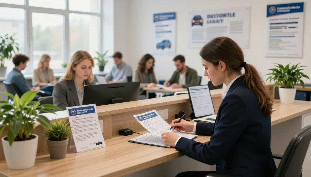 A detailed view of a car registration office in the Przemyśl county, Poland. The foreground features a wooden reception desk where a professional dressed in business attire is assisting a customer with car registration paperwork. The middle ground shows customers seated in a waiting area, filled with potted plants and informational brochures about car registration processes. In the background, large windows let in soft, natural light, highlighting the busy yet organized atmosphere of the office. The overall mood is professional and efficient, reflecting a sense of community service and support. The setting should have a clean, modern look, showcasing regulatory posters about vehicle registration procedures on the walls. Use soft, warm lighting to create an inviting atmosphere, with a slight depth of field to focus on the interactions at the desk. A detailed view of a car registration office in the Przemyśl county, Poland. The foreground features a wooden reception desk where a professional dressed in business attire is assisting a customer with car registration paperwork. The middle ground shows customers seated in a waiting area, filled with potted plants and informational brochures about car registration processes. In the background, large windows let in soft, natural light, highlighting the busy yet organized atmosphere of the office. The overall mood is professional and efficient, reflecting a sense of community service and support. The setting should have a clean, modern look, showcasing regulatory posters about vehicle registration procedures on the walls. Use soft, warm lighting to create an inviting atmosphere, with a slight depth of field to focus on the interactions at the desk.