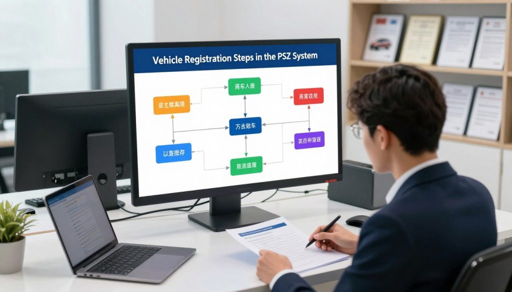 A detailed visualization of the "Vehicle Registration Steps in the PSZ System." The scene features a modern, clean office environment as the foreground, where a professional dressed in business attire reviews documents on a sleek desk with a laptop. In the middle, a large, illuminated digital screen displays a flowchart illustrating the vehicle registration process, with distinct stages highlighted in vibrant colors. The background includes shelves with neatly organized vehicle registration materials and certificates, promoting an atmosphere of efficiency and organization. Soft, diffused lighting brightens the space, creating a welcoming ambiance. The angle captures the workspace from a slight overhead viewpoint, inviting viewers into the process while maintaining a professional mood. The overall composition conveys clarity, professionalism, and the systematic nature of vehicle registration. A detailed visualization of the "Vehicle Registration Steps in the PSZ System." The scene features a modern, clean office environment as the foreground, where a professional dressed in business attire reviews documents on a sleek desk with a laptop. In the middle, a large, illuminated digital screen displays a flowchart illustrating the vehicle registration process, with distinct stages highlighted in vibrant colors. The background includes shelves with neatly organized vehicle registration materials and certificates, promoting an atmosphere of efficiency and organization. Soft, diffused lighting brightens the space, creating a welcoming ambiance. The angle captures the workspace from a slight overhead viewpoint, inviting viewers into the process while maintaining a professional mood. The overall composition conveys clarity, professionalism, and the systematic nature of vehicle registration.