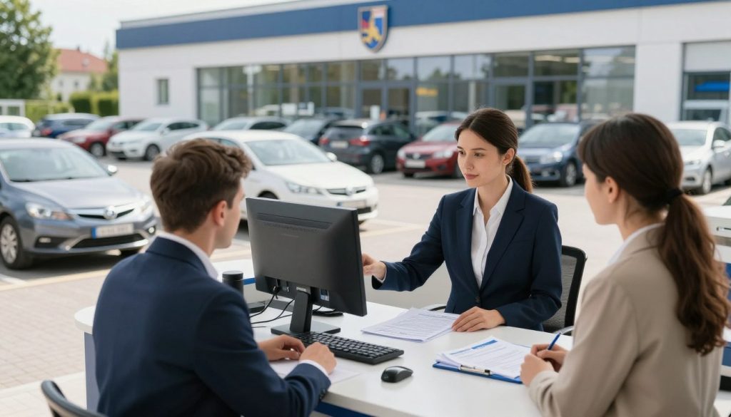 A modern vehicle registration office set in Częstochowa, Poland. In the foreground, a professional-looking registrar, dressed in business attire, interacts with a customer at a sleek reception desk filled with registration forms and a computer. The middle ground features various vehicles parked outside, showcasing a diverse range of models, symbolizing different origins of the cars. The background includes the office building, adorned with the Częstochowa city emblem and large glass windows reflecting a sunny day. Use soft, natural lighting to create a welcoming atmosphere. The angle should be slightly elevated, offering a clear view of the interaction while capturing the essence of vehicle registration&rsquo;s benefits and efficiency. The overall mood is productive and professional, emphasizing the importance of vehicle legitimacy.