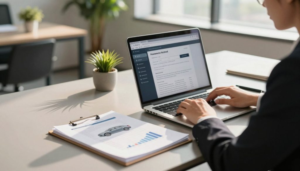 A person wearing professional business attire, sitting at a sleek desk, focused on a laptop screen displaying vehicle history information. In the foreground, an open folder with documents related to vehicle provenance, featuring graphs and charts. In the middle, a modern office environment with potted plants, and soft lighting that creates a warm, inviting atmosphere. The background shows a large window letting in natural sunlight, casting gentle shadows across the room. The angle is slightly above the desk, capturing the subject’s concentration on the task, with an overall mood of diligence and professionalism. A person wearing professional business attire, sitting at a sleek desk, focused on a laptop screen displaying vehicle history information. In the foreground, an open folder with documents related to vehicle provenance, featuring graphs and charts. In the middle, a modern office environment with potted plants, and soft lighting that creates a warm, inviting atmosphere. The background shows a large window letting in natural sunlight, casting gentle shadows across the room. The angle is slightly above the desk, capturing the subject’s concentration on the task, with an overall mood of diligence and professionalism.