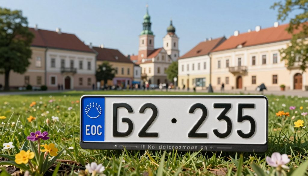 A picturesque view of a Przemyśl car license plate prominently displayed in the foreground, capturing the intricate design and colors unique to this region. In the middle ground, a well-maintained park with soft green grass and blooming flowers surrounds the plate, symbolizing the benefits of vehicle registration. The background features the charming architecture of Przemyśl, with traditional buildings and historic landmarks under a clear blue sky. Soft, warm sunlight creates a welcoming atmosphere, highlighting the vibrancy of the scene. The focus is sharp on the license plate with a slight blur on the background elements, captured from a low angle to emphasize the plate. The overall mood is informative and inviting, perfect for illustrating the positive aspects of vehicle registration in the city. A picturesque view of a Przemyśl car license plate prominently displayed in the foreground, capturing the intricate design and colors unique to this region. In the middle ground, a well-maintained park with soft green grass and blooming flowers surrounds the plate, symbolizing the benefits of vehicle registration. The background features the charming architecture of Przemyśl, with traditional buildings and historic landmarks under a clear blue sky. Soft, warm sunlight creates a welcoming atmosphere, highlighting the vibrancy of the scene. The focus is sharp on the license plate with a slight blur on the background elements, captured from a low angle to emphasize the plate. The overall mood is informative and inviting, perfect for illustrating the positive aspects of vehicle registration in the city.