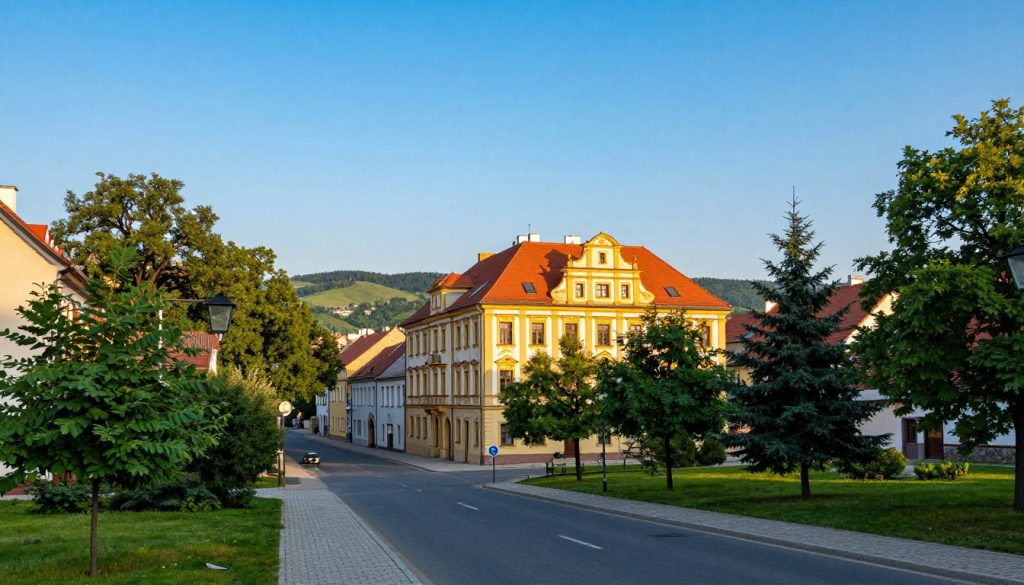 A scenic view of Tarnobrzeg, Poland, highlighting the essential landmarks reflective of the town's character. In the foreground, a well-maintained street with trees lining the sides and a clear blue sky above creates a vibrant, inviting atmosphere. The middle ground features a prominent historical building typical of Tarnobrzeg’s architecture, perhaps with intricate facades and colorful window frames. In the background, the horizon showcases rolling hills and distant greenery, representing the natural beauty surrounding the town. The lighting is warm, casting soft shadows that enhance the scene's depth, with a slight golden hour glow. The mood is serene and welcoming, perfect for suggesting a sense of community and local pride. A scenic view of Tarnobrzeg, Poland, highlighting the essential landmarks reflective of the town's character. In the foreground, a well-maintained street with trees lining the sides and a clear blue sky above creates a vibrant, inviting atmosphere. The middle ground features a prominent historical building typical of Tarnobrzeg’s architecture, perhaps with intricate facades and colorful window frames. In the background, the horizon showcases rolling hills and distant greenery, representing the natural beauty surrounding the town. The lighting is warm, casting soft shadows that enhance the scene's depth, with a slight golden hour glow. The mood is serene and welcoming, perfect for suggesting a sense of community and local pride.