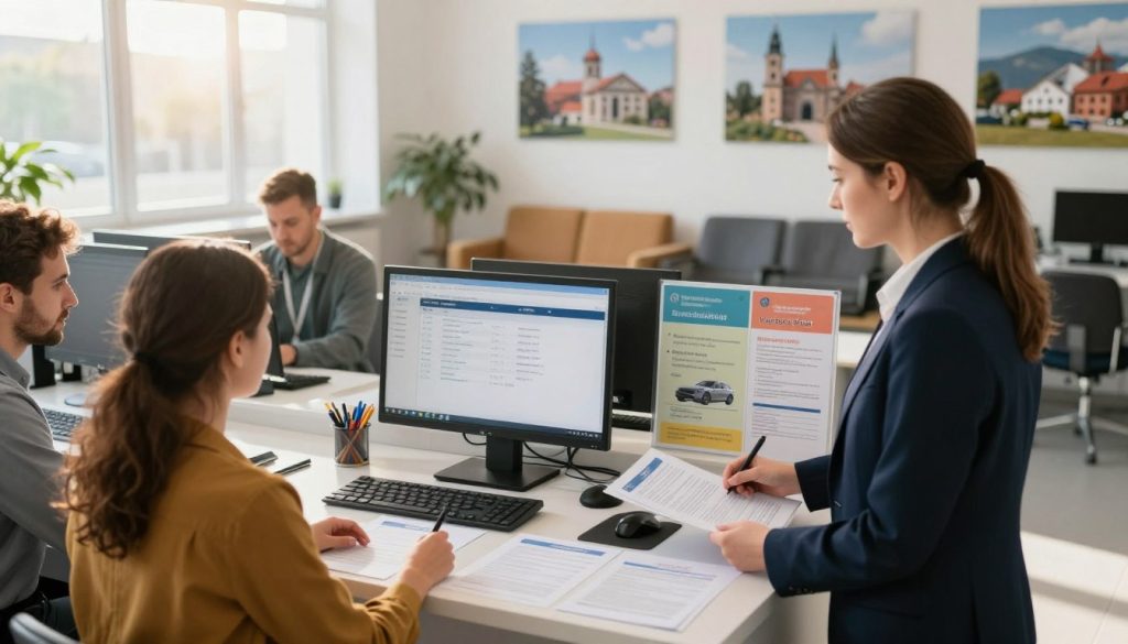 A serene and orderly vehicle registration office in the Lubacz&oacute;w district, Poland. In the foreground, a professional staff member in business attire assists a couple of diverse individuals at a service counter, showcasing a warm and inviting atmosphere. The middle ground features neatly arranged registration forms, a computer screen displaying vehicle information, and colorful informational posters about vehicle registration processes. The background shows a well-lit, modern office space with motivational images of local landmarks and comfortable seating for waiting customers. Sunlight filters in through large windows, casting a soft glow that enhances the professional yet friendly mood of the scene. Capture this image from a slightly elevated angle to provide a comprehensive view of the office environment.