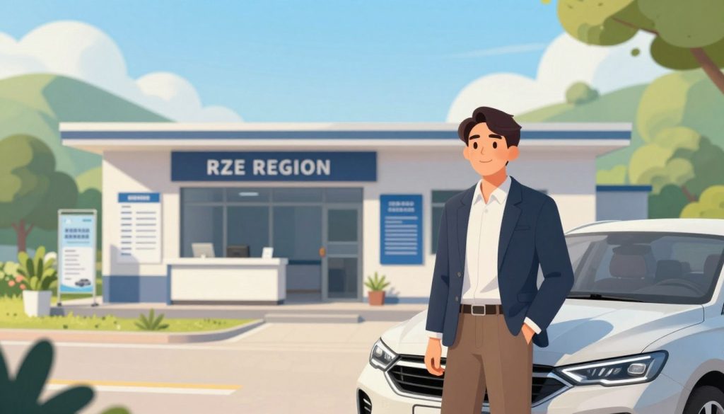 A visually appealing illustration depicting the benefits of vehicle registration in the RZE region. In the foreground, a business professional in smart casual attire stands next to a shiny, newly registered car, smiling confidently. In the middle ground, an inviting registration office with sleek, modern design showcases banners or imagery related to vehicle registration. Surrounding the office, lush greenery and a clear blue sky give a warm and welcoming vibe. In the background, gentle rolling hills represent the RZE landscape, adding depth to the scene. The atmosphere should feel optimistic and professional, with soft, natural lighting highlighting the figures and environment. Use a wide-angle lens effect to capture the whole scene dynamically, evoking a sense of community and opportunity.