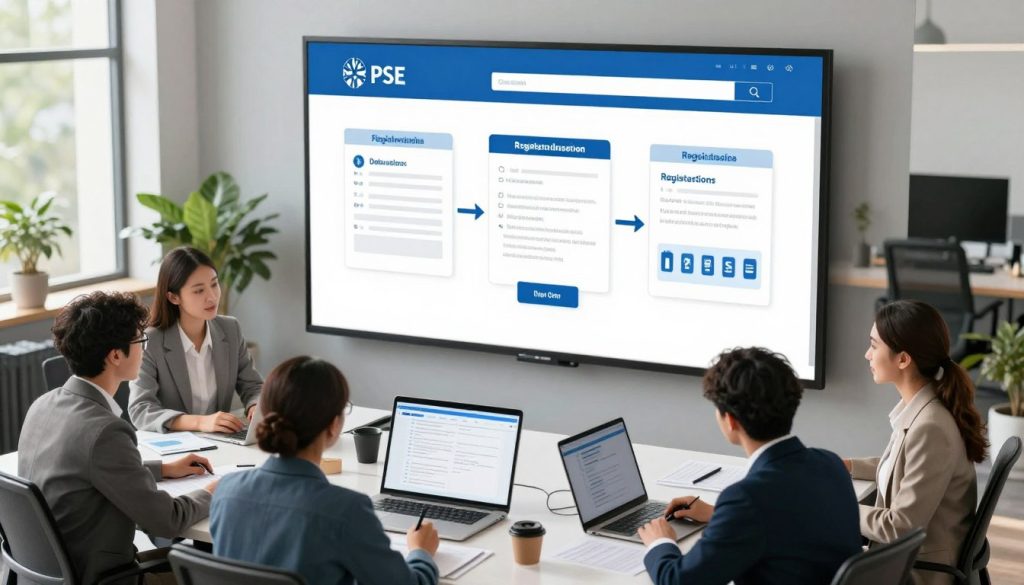 A visually engaging illustration depicting the step-by-step process of registering with PSE. In the foreground, a diverse group of professional individuals, dressed in business attire, collaboratively working at a modern office table covered with documents and digital devices. In the middle ground, a detailed infographic on a large screen showcasing the registration steps, with icons representing each phase, such as filling out forms, online submission, and confirmation. The background is an open office space filled with natural light streaming through large windows, enhancing a productive and focused atmosphere. The color palette includes calming blues and greens, creating an inviting and professional mood. Dynamic, yet organized composition, captured from a slightly elevated angle to give a comprehensive view of the scene. A visually engaging illustration depicting the step-by-step process of registering with PSE. In the foreground, a diverse group of professional individuals, dressed in business attire, collaboratively working at a modern office table covered with documents and digital devices. In the middle ground, a detailed infographic on a large screen showcasing the registration steps, with icons representing each phase, such as filling out forms, online submission, and confirmation. The background is an open office space filled with natural light streaming through large windows, enhancing a productive and focused atmosphere. The color palette includes calming blues and greens, creating an inviting and professional mood. Dynamic, yet organized composition, captured from a slightly elevated angle to give a comprehensive view of the scene.