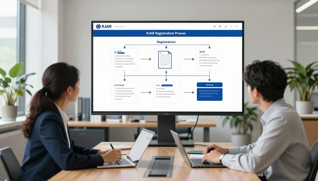 A visually engaging step-by-step illustration of the RJAR registration process, set in a modern office environment. In the foreground, depict a professional, diverse group of two businesspeople, one male and one female, working collaboratively around a sleek conference table, both dressed in business attire. In the middle ground, show a large digital display screen showcasing a clear flowchart detailing each step of the RJAR registration process, with icons representing necessary documents, submission, and approval stages. In the background, include a softly lit office with potted plants and large windows, allowing natural light to flood the space, evoking a productive and focused atmosphere. The camera angle should be slightly elevated to give an overview of the scene, capturing both the people and the informative visuals. A visually engaging step-by-step illustration of the RJAR registration process, set in a modern office environment. In the foreground, depict a professional, diverse group of two businesspeople, one male and one female, working collaboratively around a sleek conference table, both dressed in business attire. In the middle ground, show a large digital display screen showcasing a clear flowchart detailing each step of the RJAR registration process, with icons representing necessary documents, submission, and approval stages. In the background, include a softly lit office with potted plants and large windows, allowing natural light to flood the space, evoking a productive and focused atmosphere. The camera angle should be slightly elevated to give an overview of the scene, capturing both the people and the informative visuals.