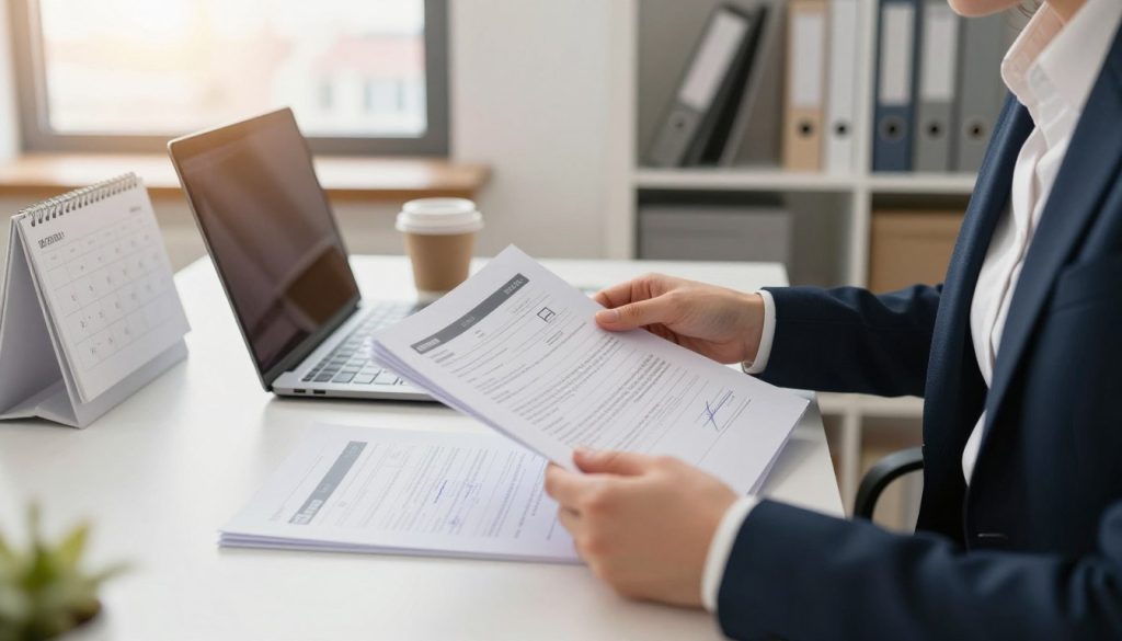 A well-organized office setting in Rzesz&oacute;w, Poland, depicting a focused individual in professional attire examining a stack of registration documents. In the foreground, a clear view of hands holding various forms, with visible stamps and signatures. The middle ground showcases a modern desk with a laptop, a coffee cup, and a calendar marked with important dates. In the background, a window with soft natural light streaming in, revealing a glimpse of Rzesz&oacute;w's skyline. The atmosphere should convey a sense of diligence and clarity, emphasizing the procedural aspect of document registration. The lighting should be warm and inviting, creating a professional yet approachable feel. No text, watermarks, or distractions should be present in the image.