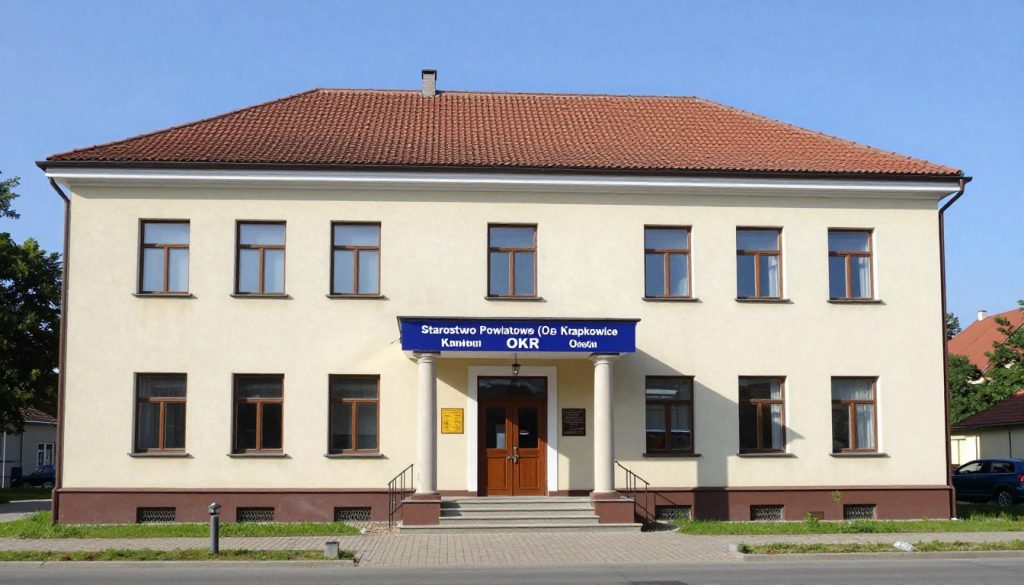 Budynek Starostwa Powiatowego w Krapkowicach z Wydziałem Komunikacji odpowiedzialnym za rejestrację OKR Budynek Starostwa Powiatowego w Krapkowicach z Wydziałem Komunikacji odpowiedzialnym za rejestrację OKR