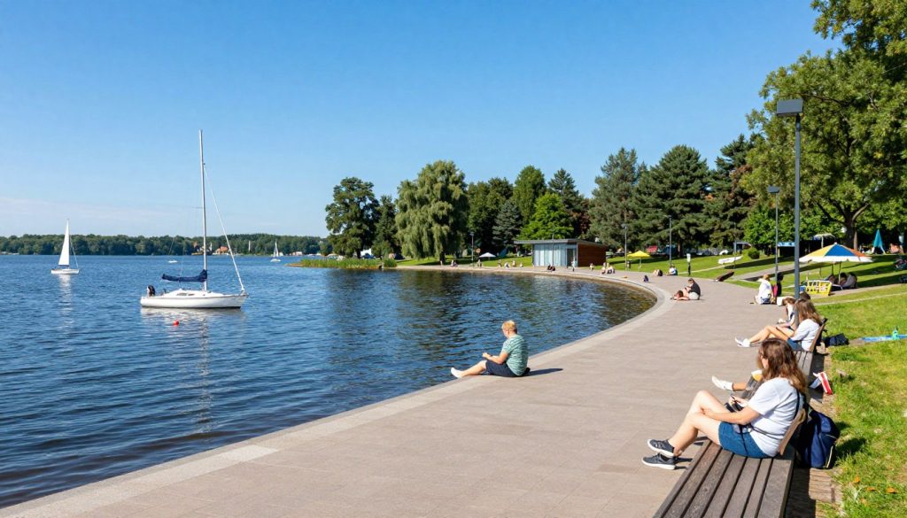 Jezioro Ukiel w Olsztynie z nowoczesną promenadą i infrastrukturą rekreacyjną Jezioro Ukiel w Olsztynie z nowoczesną promenadą i infrastrukturą rekreacyjną