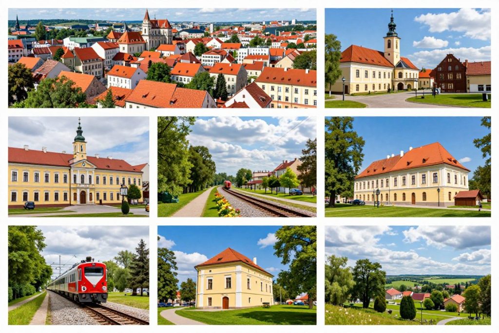 Kolaż przedstawiający najważniejsze miejsca i atrakcje powiatu opolskiego