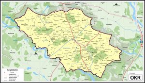 Mapa powiatu krapkowickiego z oznaczeniem OKR na tablicy rejestracyjnej