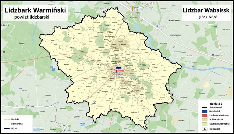 Mapa powiatu lidzbarskiego z oznaczeniem NLI na tablicy rejestracyjnej