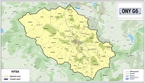 Mapa powiatu nyskiego z oznaczeniem ONY na tablicy rejestracyjnej