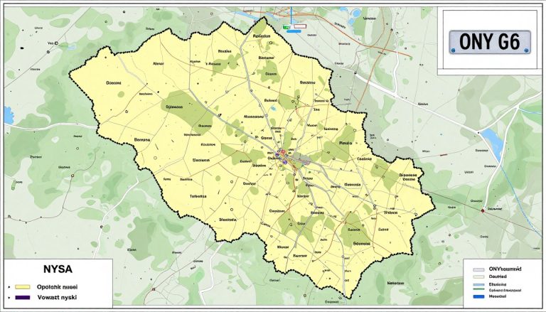 Mapa powiatu nyskiego z oznaczeniem ONY na tablicy rejestracyjnej