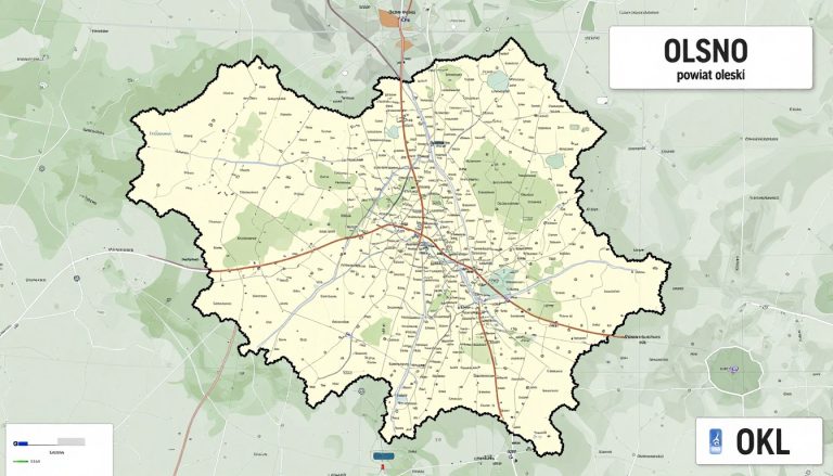 Mapa powiatu oleskiego z oznaczeniem OKL na tablicy rejestracyjnej