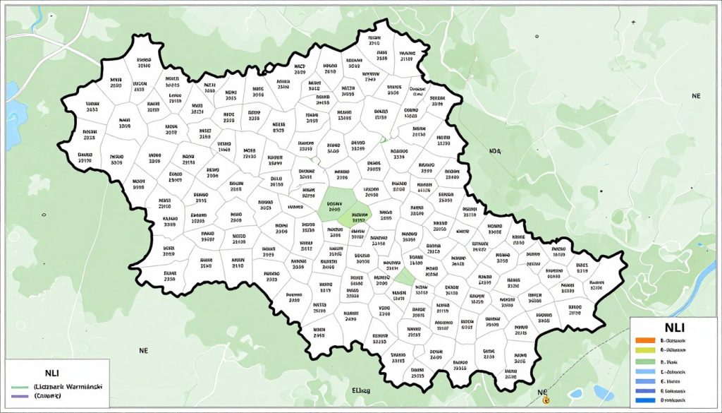 Mapa województwa warmińsko-mazurskiego z oznaczeniami rejestracyjnymi, w tym NLI Mapa województwa warmińsko-mazurskiego z oznaczeniami rejestracyjnymi, w tym NLI