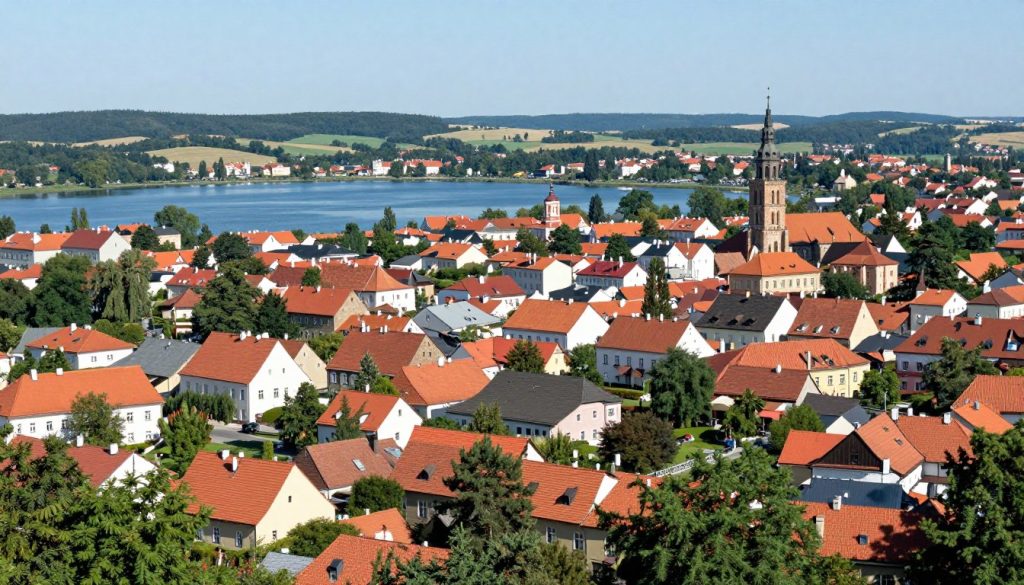 Panorama miasta Olecko ze widokiem na Jezioro Oleckie Wielkie