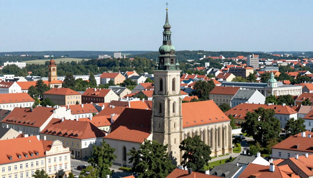 Panorama miasta Opole Lubelskie z widocznym kościołem Wniebowzięcia NMP i zabudową miejską