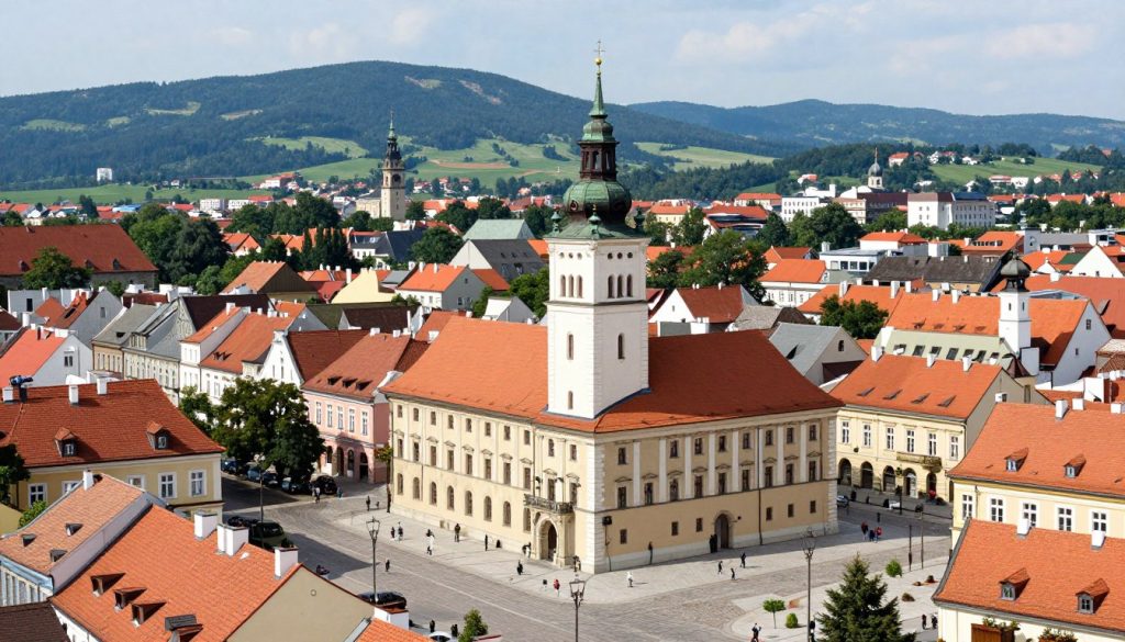 Panorama miasta Prudnik ze starówką i charakterystyczną wieżą ratuszową Panorama miasta Prudnik ze starówką i charakterystyczną wieżą ratuszową