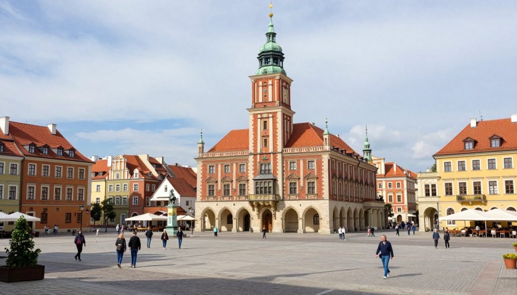 Rynek w Łowiczu z charakterystycznym ratuszem i kolorowymi kamienicami