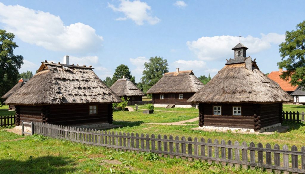 Skansen w Maurzycach prezentujący tradycyjną architekturę łowicką