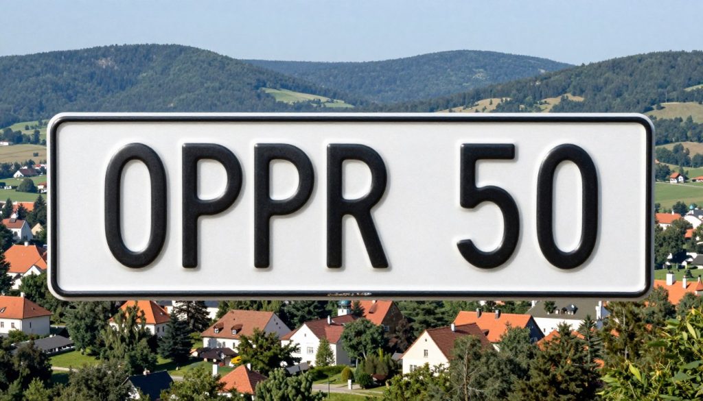 Tablica rejestracyjna z oznaczeniem OPR na tle panoramy powiatu prudnickiego Tablica rejestracyjna z oznaczeniem OPR na tle panoramy powiatu prudnickiego