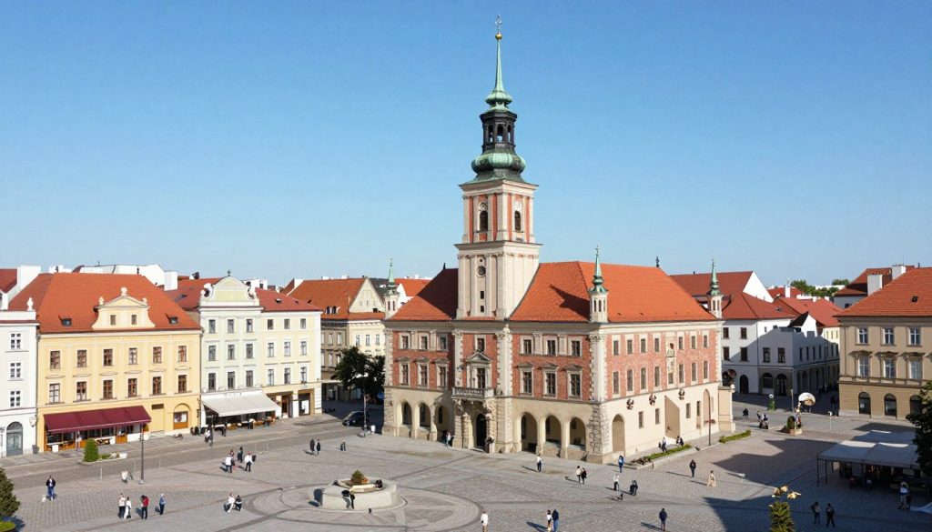 Zabytkowy Nowy Rynek w Opolu Lubelskim z ratuszem i kamienicami